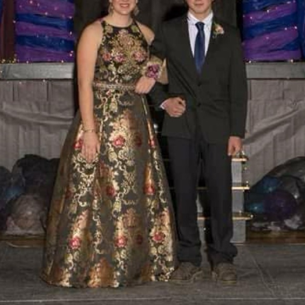 Jovani Ornate Beaded Black and Gold Halter Prom Dress - Picture 13 of 16